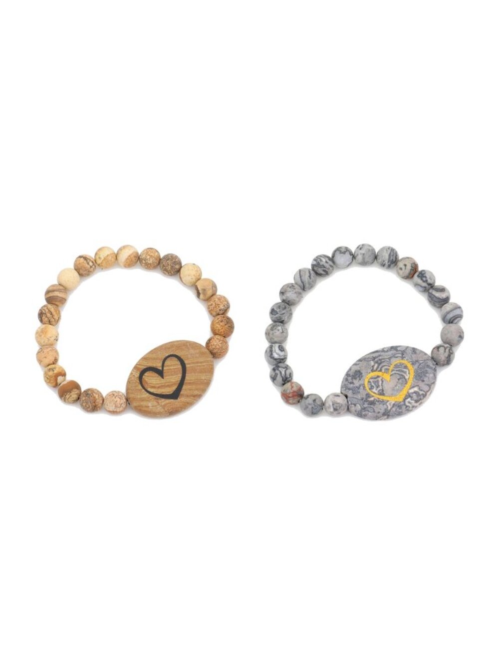 2 Heart Bracelet Set - Landscape Jasper + Gray Picasso Jasper Stone Stretch